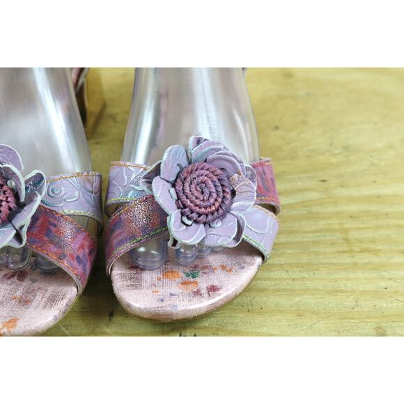 New L' Artiste Sandals 40 Leather Difi Floral Embellishment Gold Block Heel - Picture 11 of 12